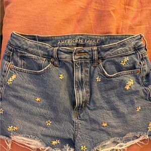 American Eagle Outfitters Blue Denim Shorts with Floral Embroidery